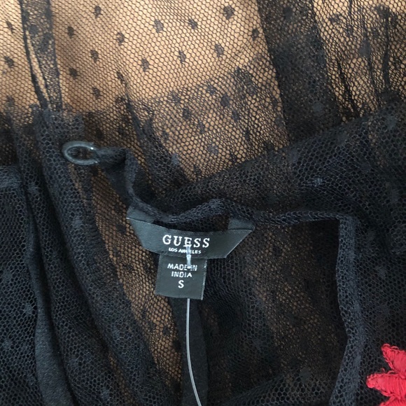Guess Sheer Black Mesh Top w Floral Embroidery - Picture 9 of 9
